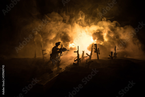 Creative artwork decoration war on Ukraine. Crowd looking on giant explosion and attacking soldiers.