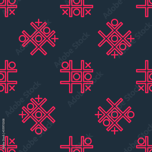 Red line Tic tac toe game icon isolated seamless pattern on black background. Vector