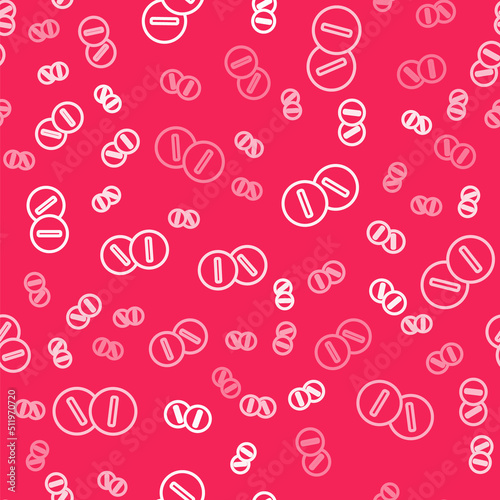 White line Toothache painkiller tablet icon isolated seamless pattern on red background. Tooth care medicine. Capsule pill and drug. Pharmacy design. Vector