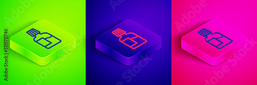 Isometric line Mouthwash plastic bottle icon isolated on green, blue and pink background. Liquid for rinsing mouth. Oralcare equipment. Square button. Vector © Iryna