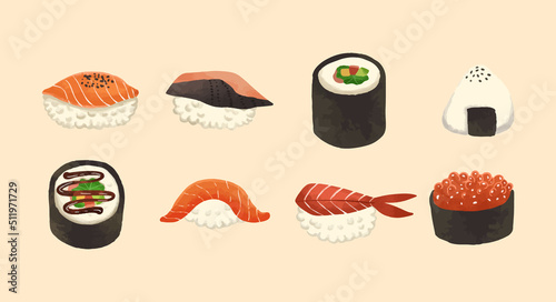 Water color handdrawn sushi food. Isolated vector set collection