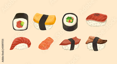 Handdrawn sushi japanese food. Isolated vector collection set