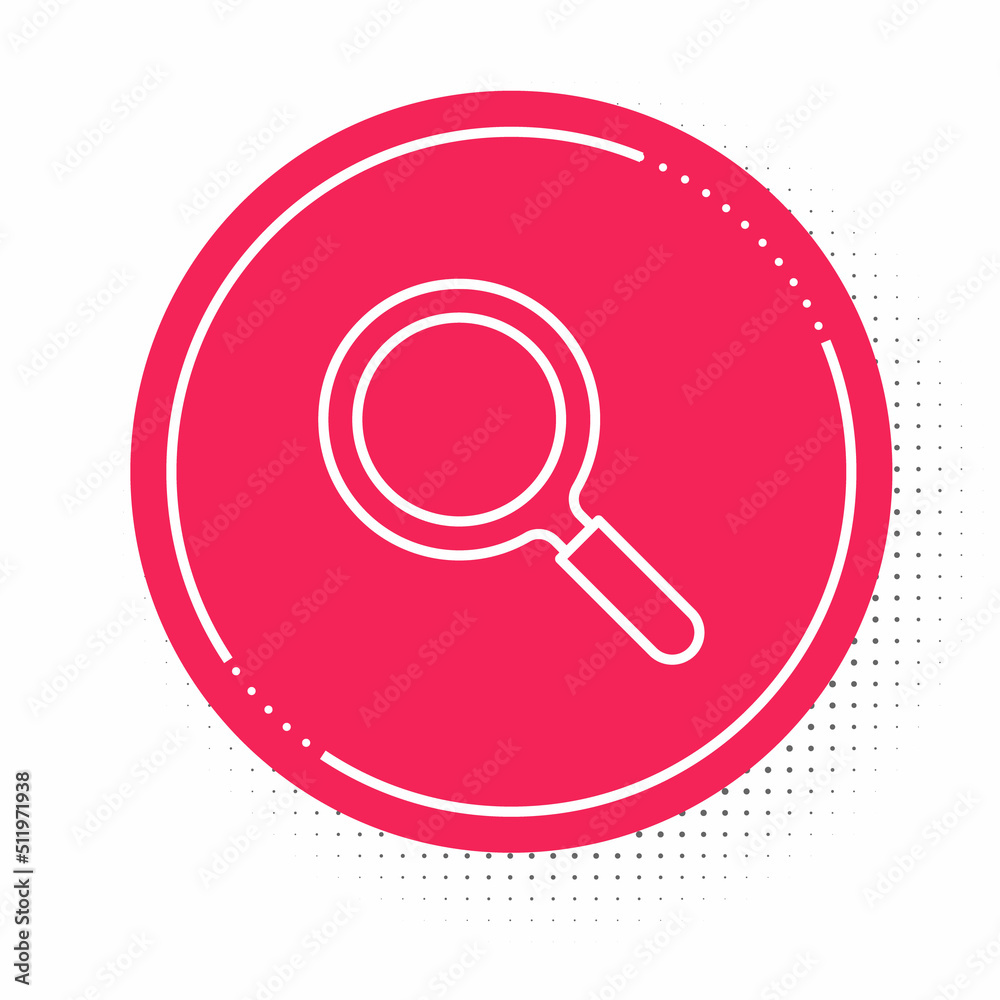 White line Magnifying glass icon isolated on white background. Search, focus, zoom, business symbol. Red circle button. Vector White line Magnifying glass icon isolated on white background. Search, focus, zoom, business symbol. Red circle button. Vector