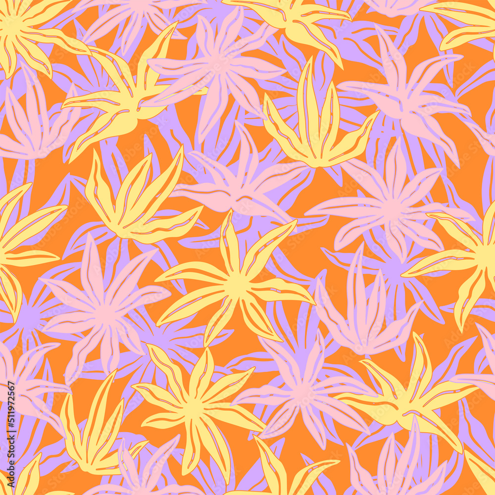 Stylized tropical flowers and leaves. Floral seamless pattern. Modern abstract print with botanical shapes. Colorful groovy vector background. Stylized tropical flowers and leaves. Floral seamless pattern. Modern abstract print with botanical shapes. Colorful groovy vector background.