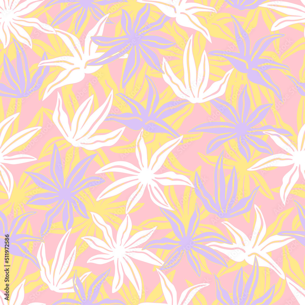 Stylized tropical flowers and leaves. Floral seamless pattern. Modern abstract print with botanical shapes. Colorful groovy vector background.