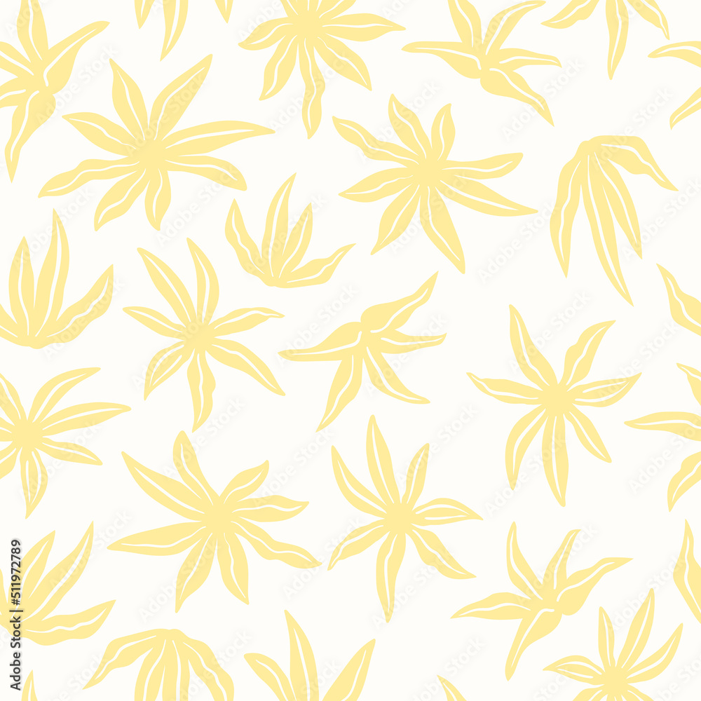 Stylized tropical flowers and leaves. Floral seamless pattern. Modern abstract print with botanical shapes. Colorful groovy vector background.