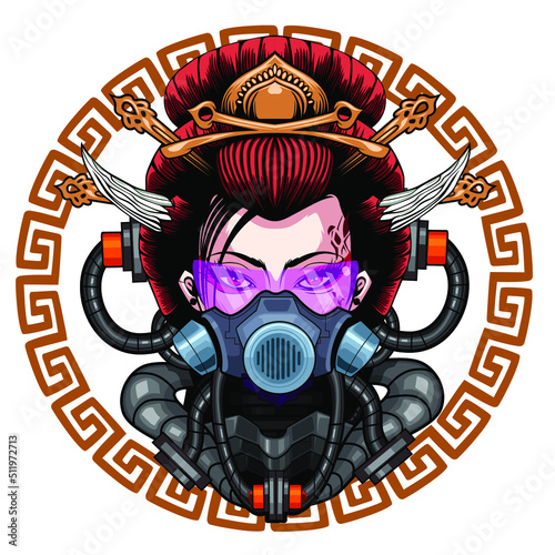 geisha cyborg mascot cartoon in vector