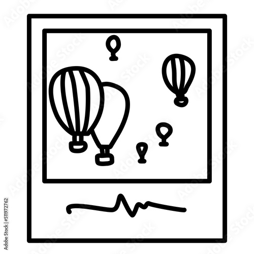 Cute photo frame air balloons memory from vacation. Instant camera pic for travel photo album. Fun minimalist drawing