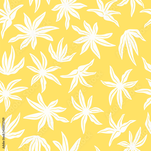 Stylized tropical flowers and leaves. Floral seamless pattern. Modern abstract print with botanical shapes. Colorful groovy vector background.