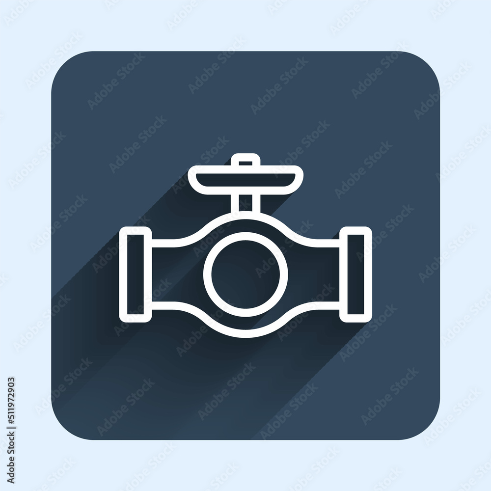 White line Oil pipe with valve icon isolated with long shadow background. Blue square button. Vector White line Oil pipe with valve icon isolated with long shadow background. Blue square button. Vector