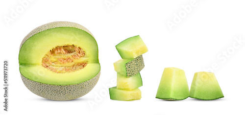 Fotografi Sliced of cantaloupe melon isolated on white background.