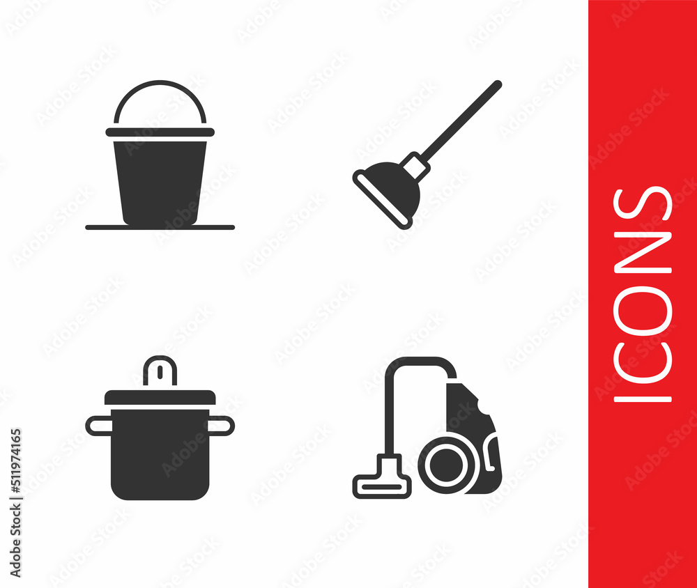 Set Vacuum cleaner, Bucket, Cooking pot and Rubber plunger icon. Vector Set Vacuum cleaner, Bucket, Cooking pot and Rubber plunger icon. Vector
