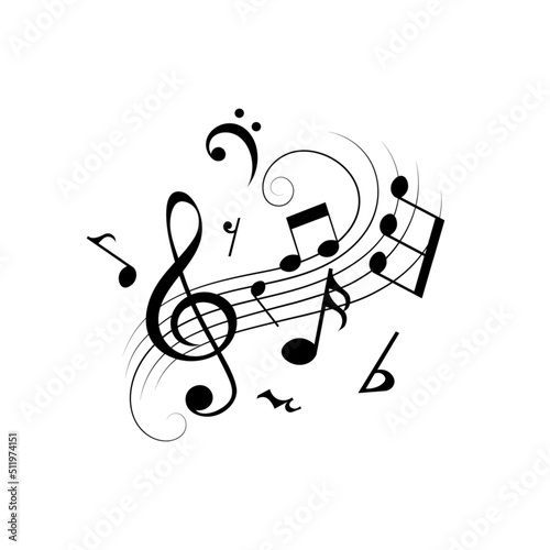 Music notes and symbols, musical element with swirls, isolated on white background, vector illustration.