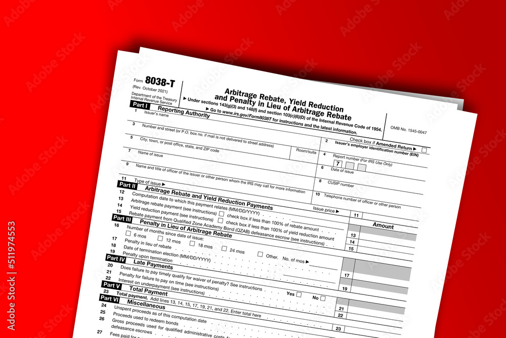 Fototapeta premium Form 8038-T documentation published IRS USA 44387. American tax document on colored