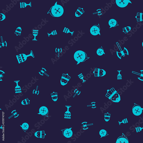 Set Medieval goblet, poleaxe, Crusade and King with crown on seamless pattern. Vector