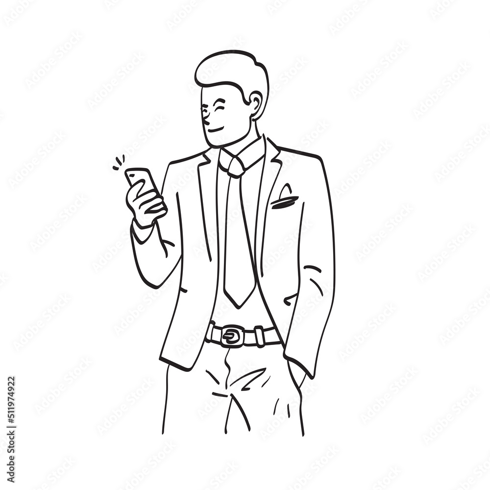 line art businessman using smartphone illustration vector hand drawn isolated on white background