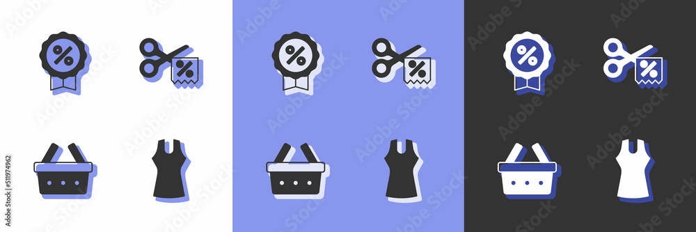 Set Woman dress, Discount percent tag, Shopping basket and Scissors cuts discount coupon icon. Vector