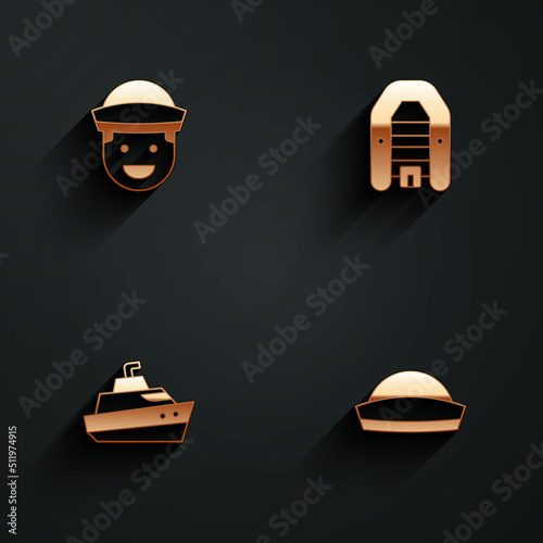 Set Sailor, Inflatable boat with motor, Speedboat and hat icon with long shadow. Vector