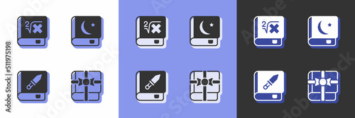 Set Book as a gift, with mathematics, about weapon and Holy book of Koran icon. Vector