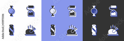 Set Roasted turkey or chicken  Chicken leg  Candy and Tea bag icon. Vector