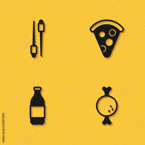 Set Food chopsticks, Chicken leg, Bottle of wine and Slice pizza icon with long shadow. Vector