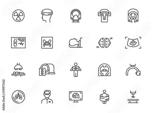 X ray line icon set. Radiology chest magnetic resonance tomography scan. Xray body lung bone treatment
