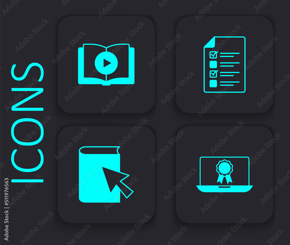 Set Online education with diploma, Audio book, quiz, test, survey and icon. Black square button. Vector