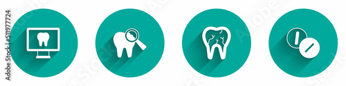 Set Online dental care, Broken tooth, and Toothache painkiller tablet icon with long shadow. Vector
