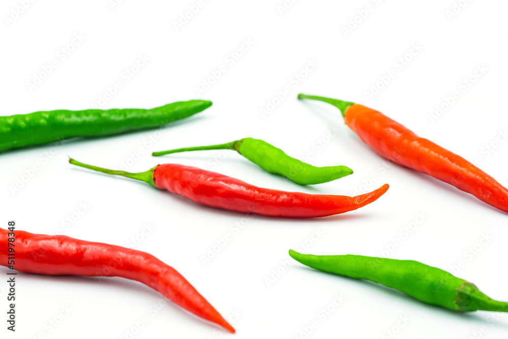 red and green chili on white background, pepper, paprika
