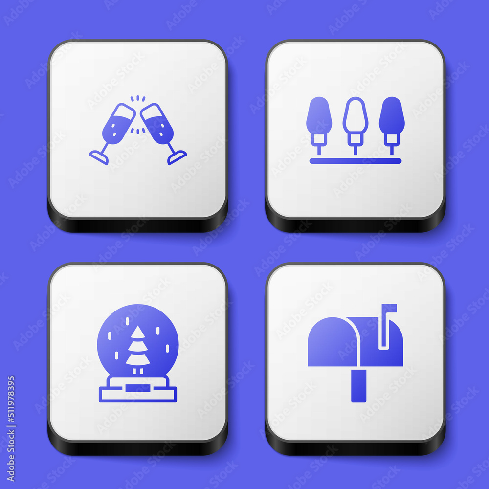 Set Glass of champagne, Christmas lights, snow globe and Mail box icon. White square button. Vector Set Glass of champagne, Christmas lights, snow globe and Mail box icon. White square button. Vector
