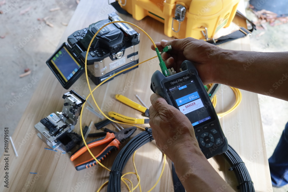 Fiber Optic Fusion Splicing Cable Internet signal and Wire connection with Fiber Optic Fusion Splicing machine fiber optic cable splice machine in work Fiber Optic Fusion Splicing Cable Internet signal and Wire connection with Fiber Optic Fusion Splicing machine fiber optic cable splice machine in work