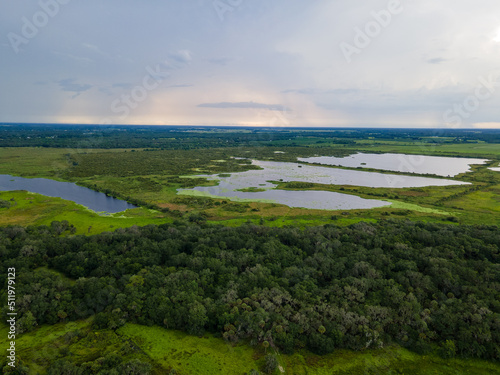Farm lands in a tropical climate with lush green trees and a lot of standing water. Large pastures hold ponds that are about to be filled with approaching rain storms.