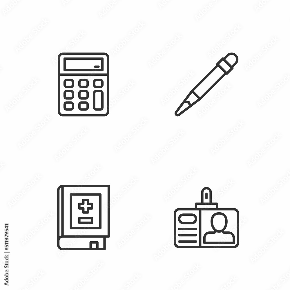 Set line Identification badge, Book with mathematics, Calculator and Pencil eraser icon. Vector Set line Identification badge, Book with mathematics, Calculator and Pencil eraser icon. Vector