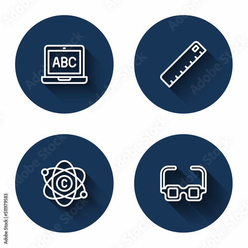 Set line Laptop, Ruler, Atom and Glasses with long shadow. Blue circle button. Vector
