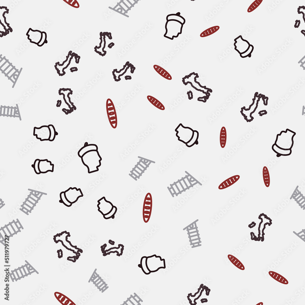 Set line French man, Map of Italy, Leaning tower in Pisa and baguette bread on seamless pattern. Vector Set line French man, Map of Italy, Leaning tower in Pisa and baguette bread on seamless pattern. Vector