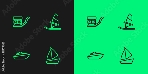 Set line Yacht sailboat, Speedboat, Marine bollard with rope and Windsurfing icon. Vector