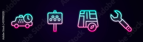 Set line Taxi waiting time, Road sign for taxi stand, Location car and Wrench spanner. Glowing neon icon. Vector