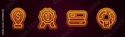 Set line Cash location pin, Medal, Credit card and Worldwide shipping. Glowing neon icon. Vector