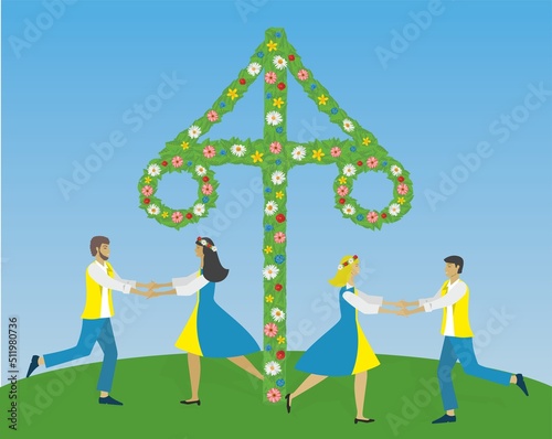 Celebrating the Swedish midsummer. Its in Sweden called Midsommar or Midsommarafton. Dancing around maypole, in Sweden called midsommarstång. Vector illustration.