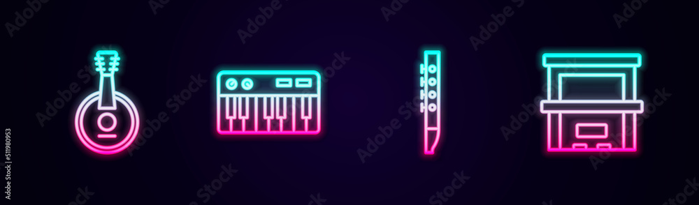 Set line Banjo, Music synthesizer, Flute and Piano. Glowing neon icon. Vector Set line Banjo, Music synthesizer, Flute and Piano. Glowing neon icon. Vector