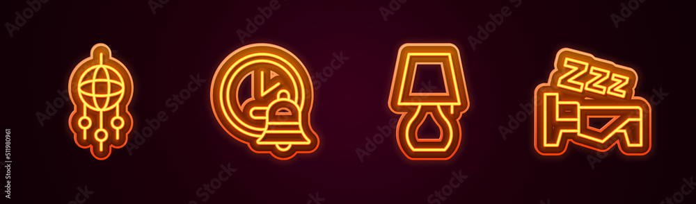 Set line Dream catcher with feathers, Alarm clock, Table lamp and Time to sleep. Glowing neon icon. Vector Set line Dream catcher with feathers, Alarm clock, Table lamp and Time to sleep. Glowing neon icon. Vector