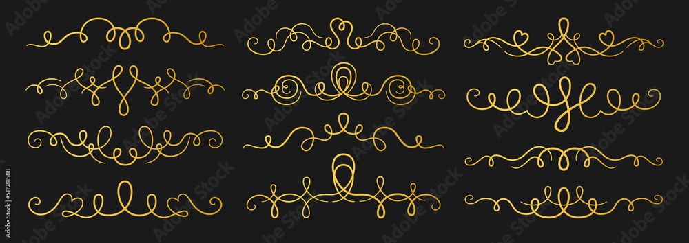 Swirl divider ornament filigree calligraphic gold set. Vintage borders curls flourishes decoration. Modern frame wedding decor, romantic decorative scroll. Luxury design element for menu, invitation