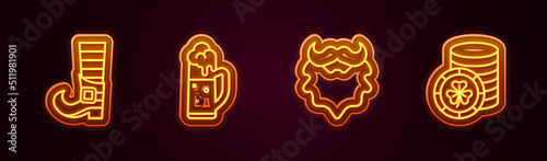 Set line Leprechaun boot, Glass of beer, Mustache and beard and Golden leprechaun coin. Glowing neon icon. Vector