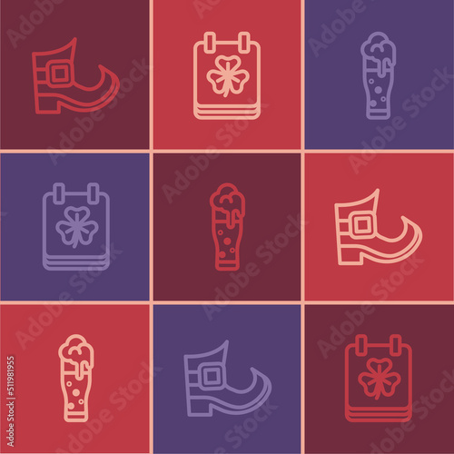 Set line Leprechaun boot, Glass of beer and Saint Patricks day with calendar icon. Vector