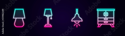 Set line Table lamp, Floor, Lamp hanging and Chest of drawers. Glowing neon icon. Vector