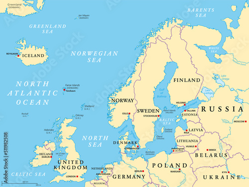 Obraz na płótnie Northern Europe, political map