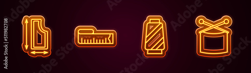 Set line Sewing pattern, Tape measure, thread on spool and Knitting needles. Glowing neon icon. Vector
