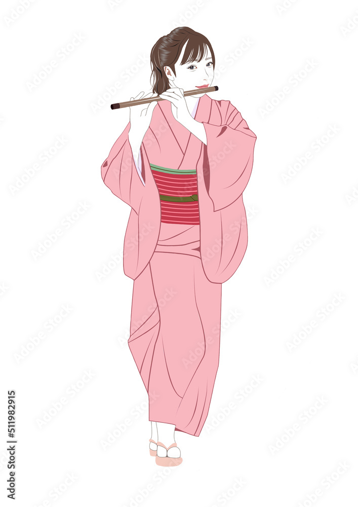 横笛を吹く着物の女性イラストstock Illustration Adobe Stock