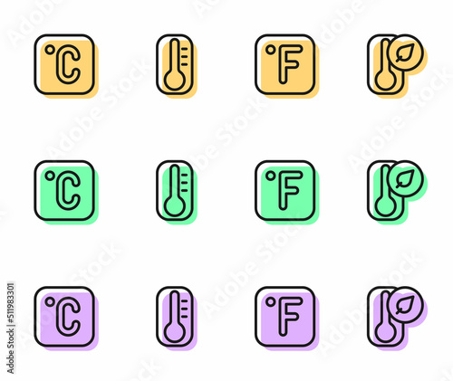 Set line Fahrenheit, Celsius, Thermometer and icon. Vector