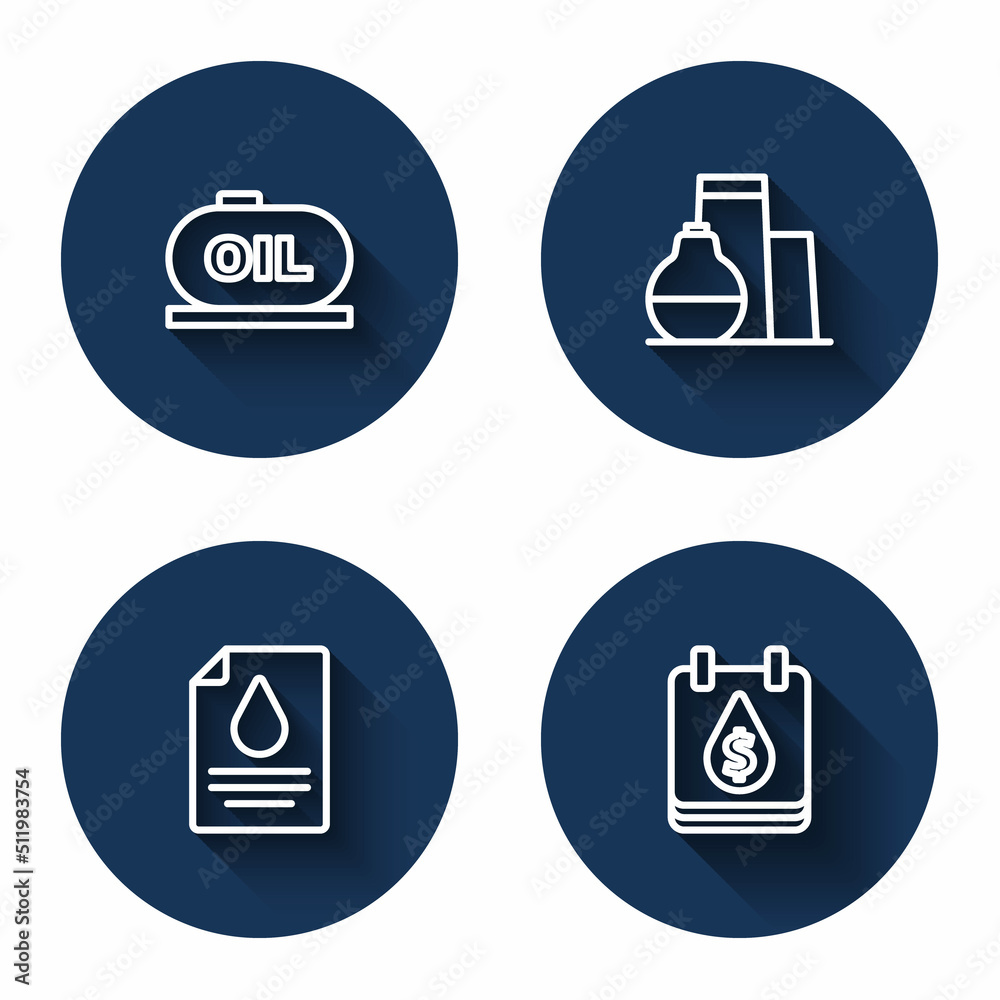 Set line Oil tank storage, Contract money and pen and drop with dollar symbol with long shadow. Blue circle button. Vector Set line Oil tank storage, Contract money and pen and drop with dollar symbol with long shadow. Blue circle button. Vector